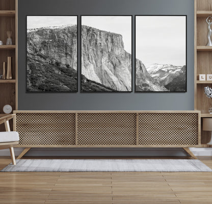 Monochrome canvas of El Capitan’s granite wall in Yosemite with snowy peaks, ideal for dramatic mountain or black-and-white nature decor.