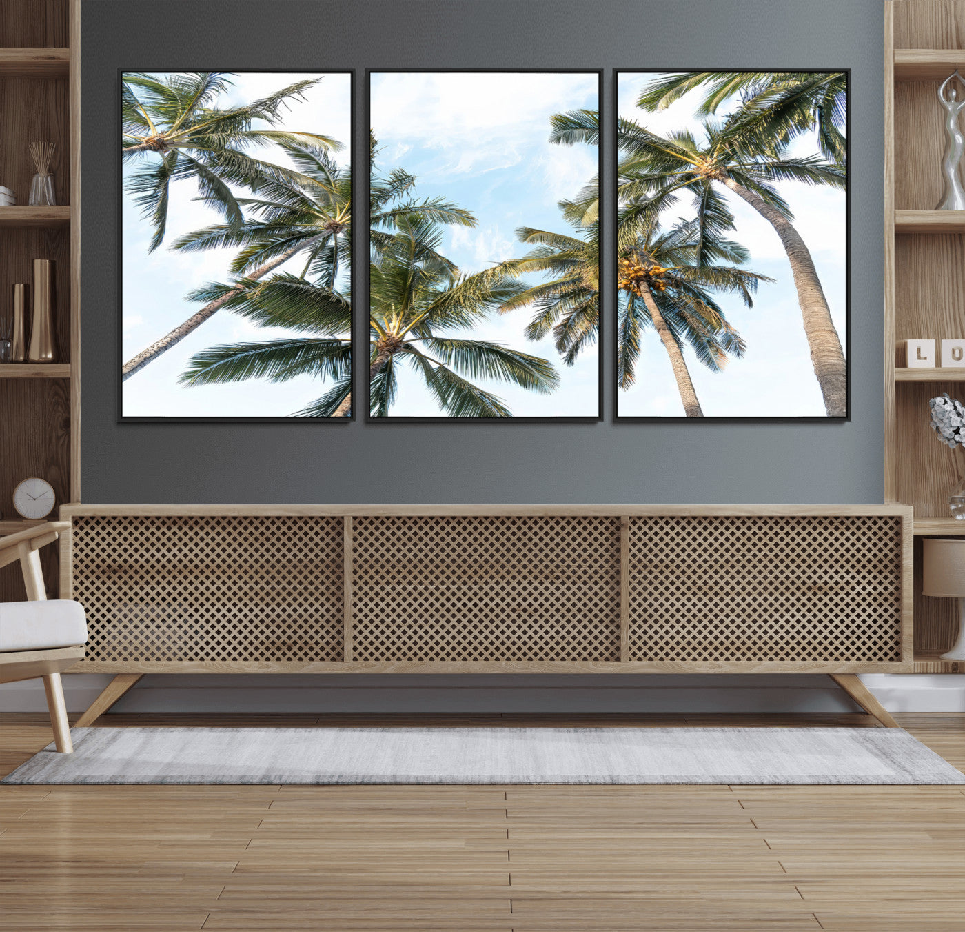 Framed canvas of tall palm trees reaching into a tropical sky, ideal for beach home or relaxed island-inspired wall decor.