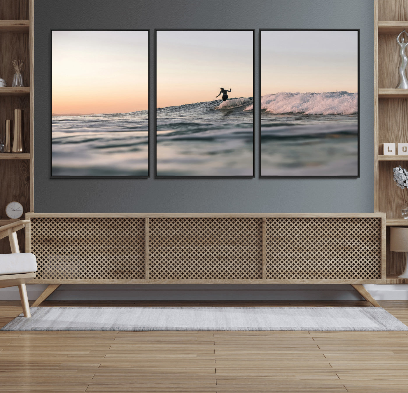 Framed canvas of a female surfer balancing on a wave at sunset, perfect for serene surf or ocean-inspired coastal decor.