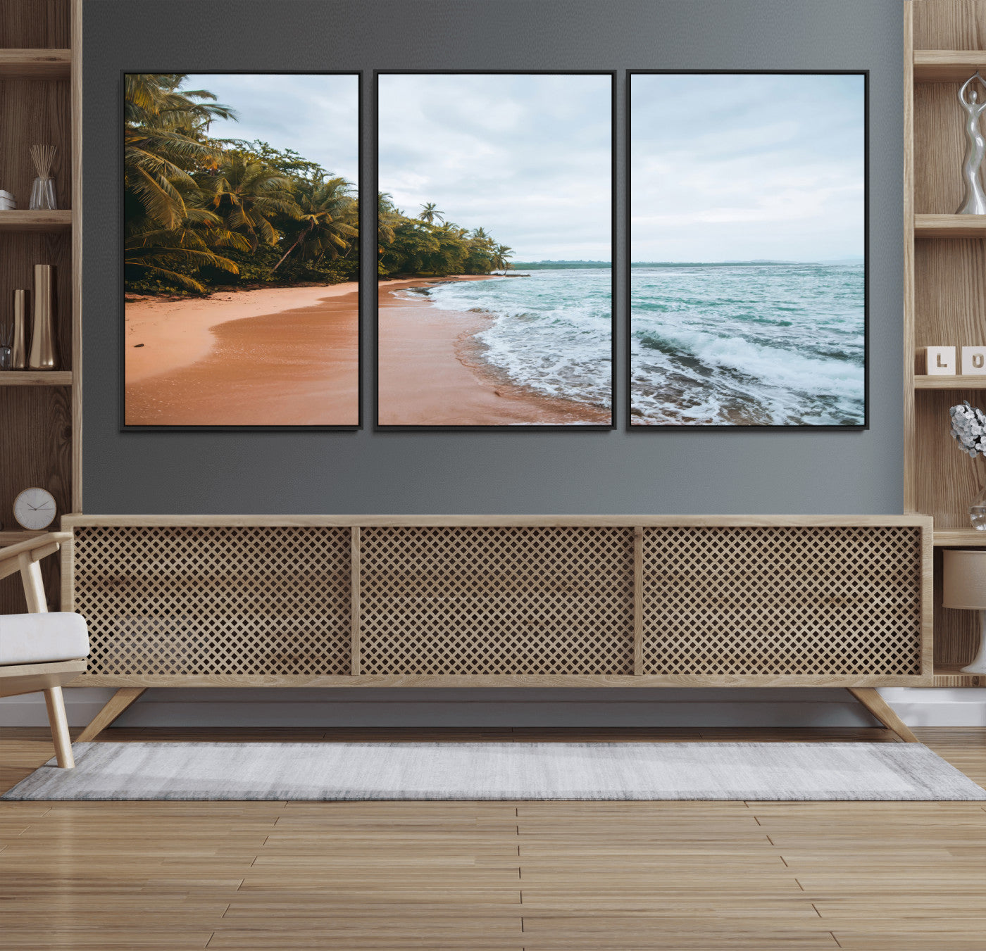 Framed canvas of a tropical beach with palm trees and soft waves, ideal for coastal escape or serene nature-inspired home decor.