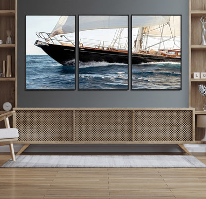 Close-up of a classic sailing yacht with wooden deck and full sails, perfect for nautical or coastal-style decor in ocean-themed spaces.