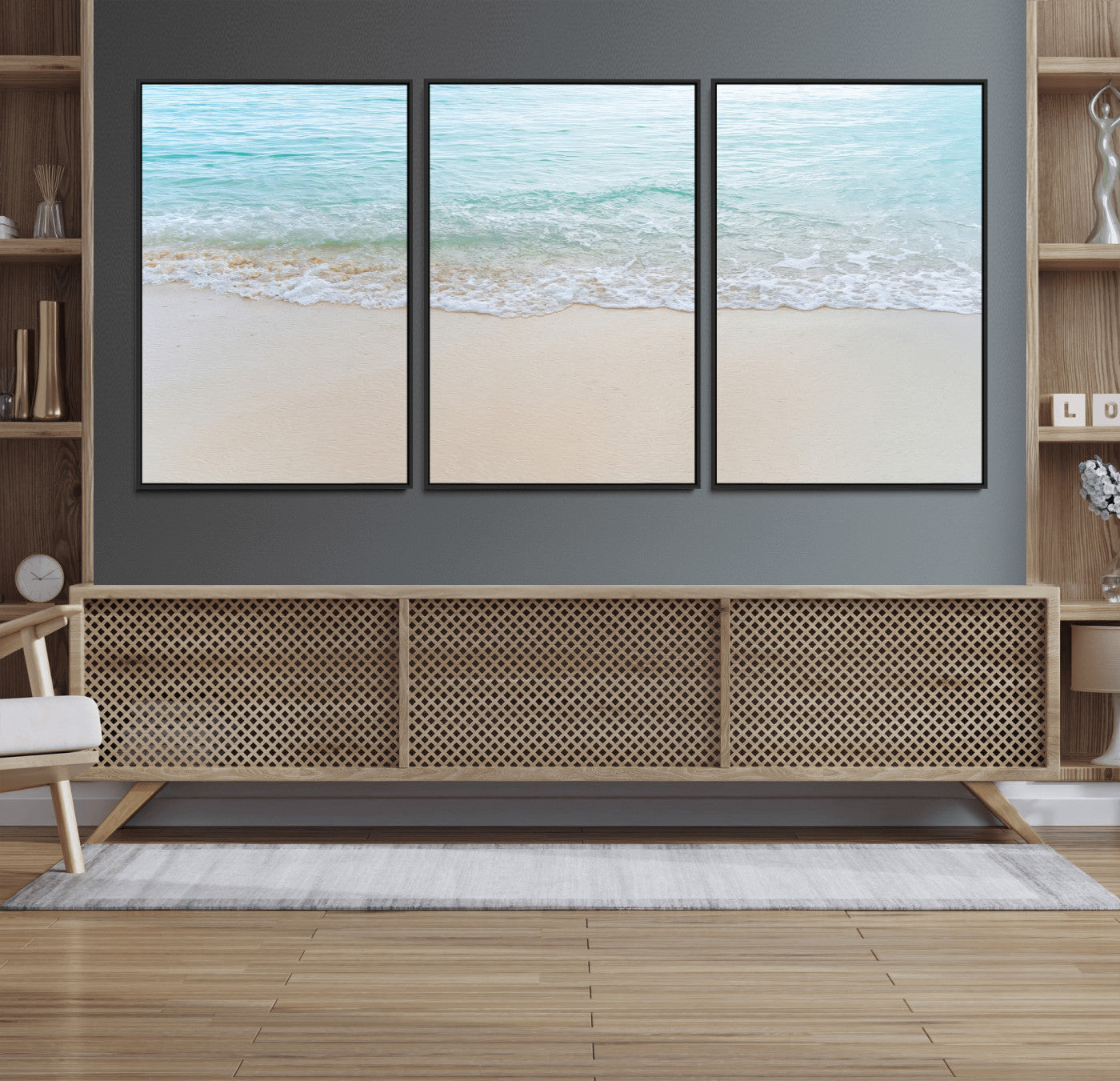 Soft shoreline with gentle aqua waves on smooth sand, ideal for minimalist coastal or pastel ocean-inspired home wall decor.