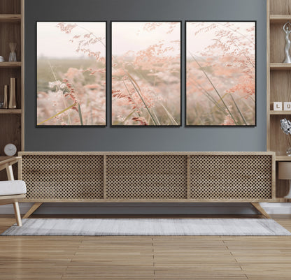 Soft pastel field with wild grasses in warm light, ideal for minimal nature or airy countryside-inspired interior wall decoration.