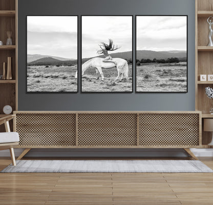 Black and white photo of a woman on a white horse in moody tones, ideal for Western Boho or modern rustic-style home decor.