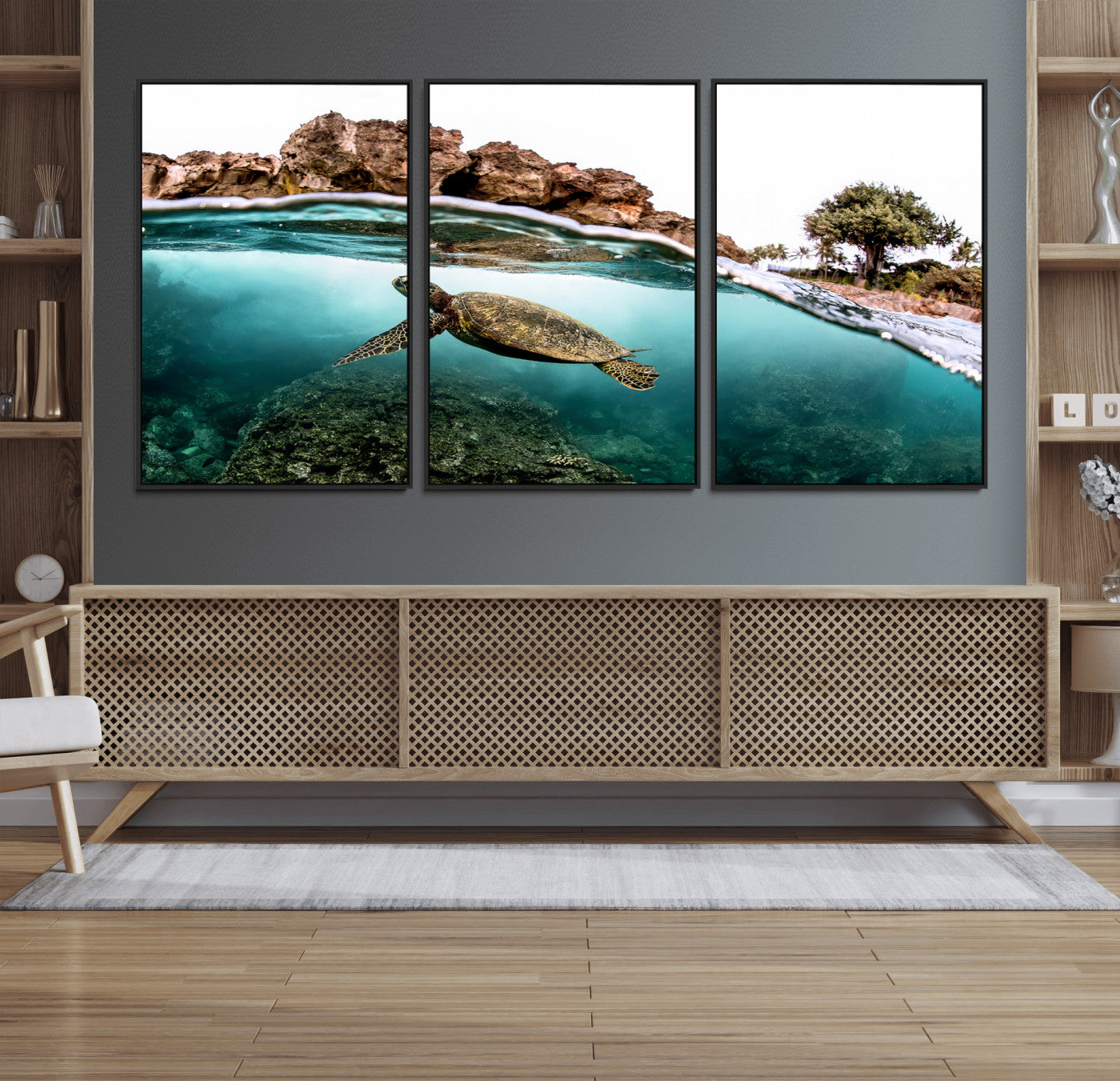 Dynamic split-view photo of a sea turtle swimming near rocky shores, perfect for vibrant coastal or tropical beach home decor.