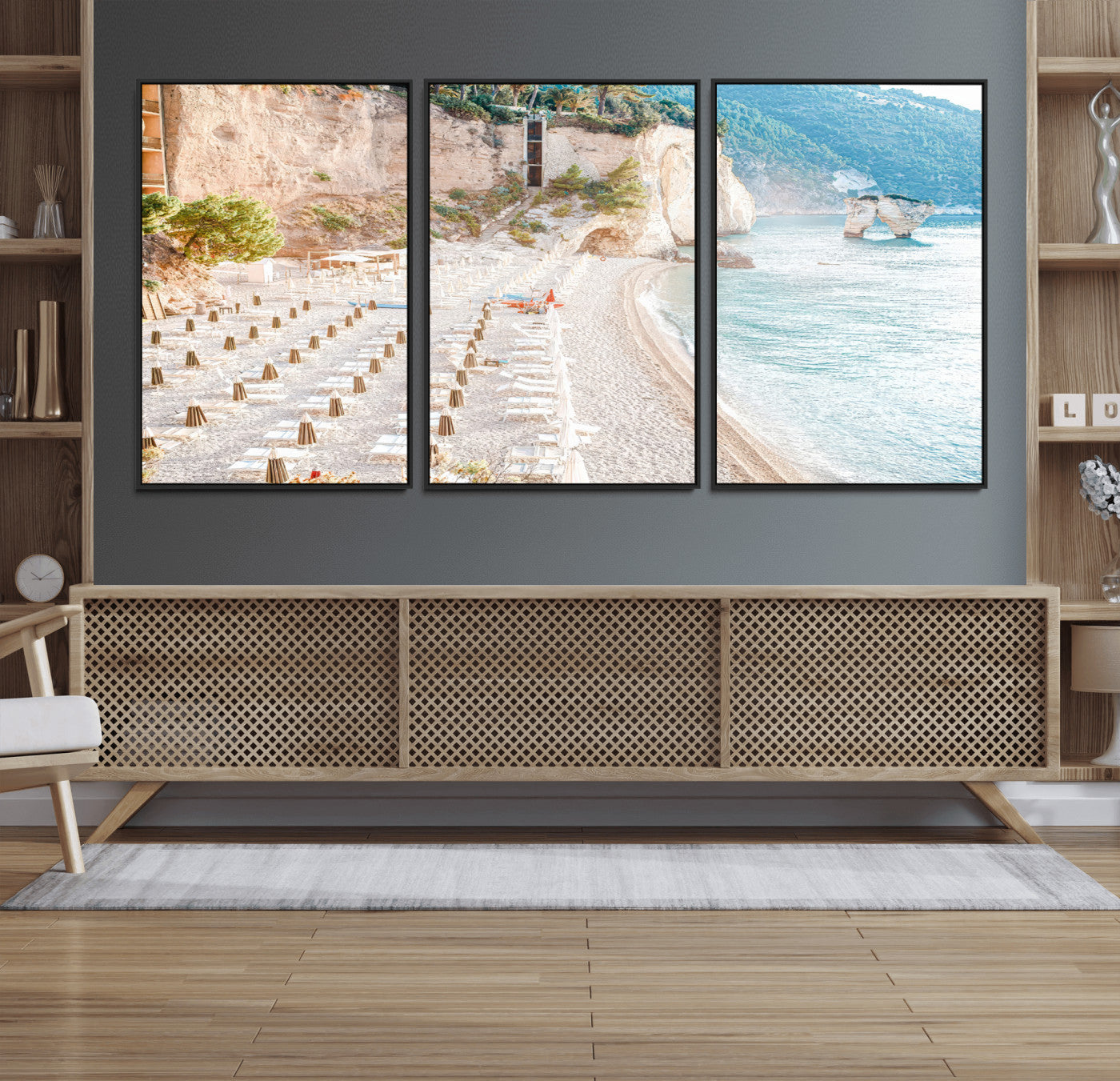 Wall art of a calm Mediterranean beach with rows of sun loungers and umbrellas in soft pastel tones, perfect for light coastal or vacation-themed decor.