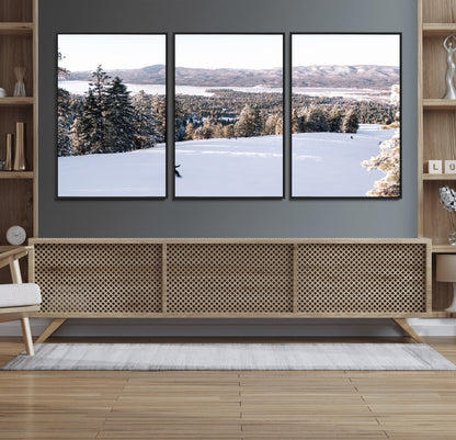 Canvas of a snowy mountain ski slope with pine trees and bright winter light, ideal for modern rustic or alpine-inspired home decor.