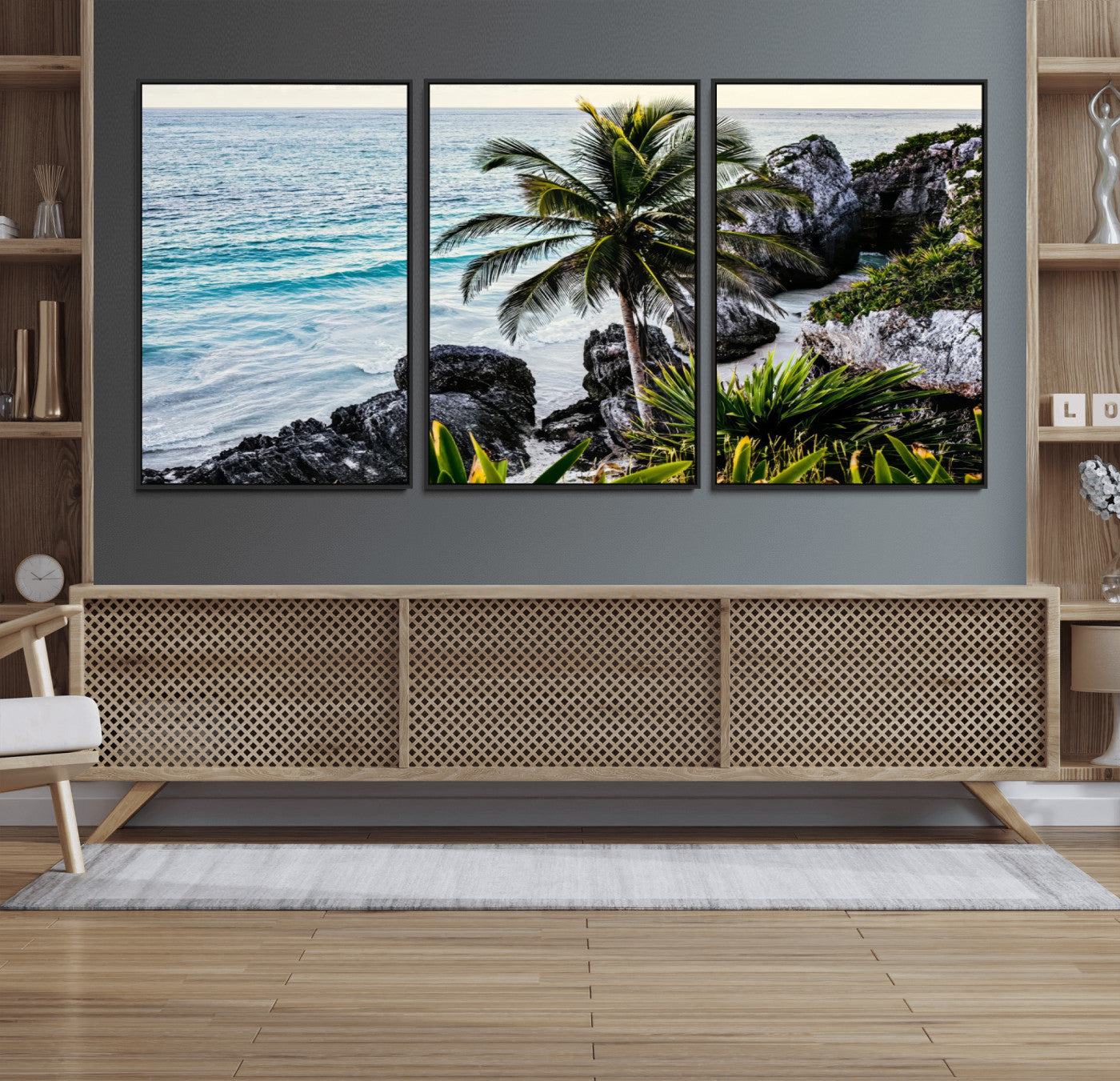 Framed canvas of a vibrant tropical coastline with palm trees, rocky cliffs, and turquoise waters, ideal for tropical coastal home decor.