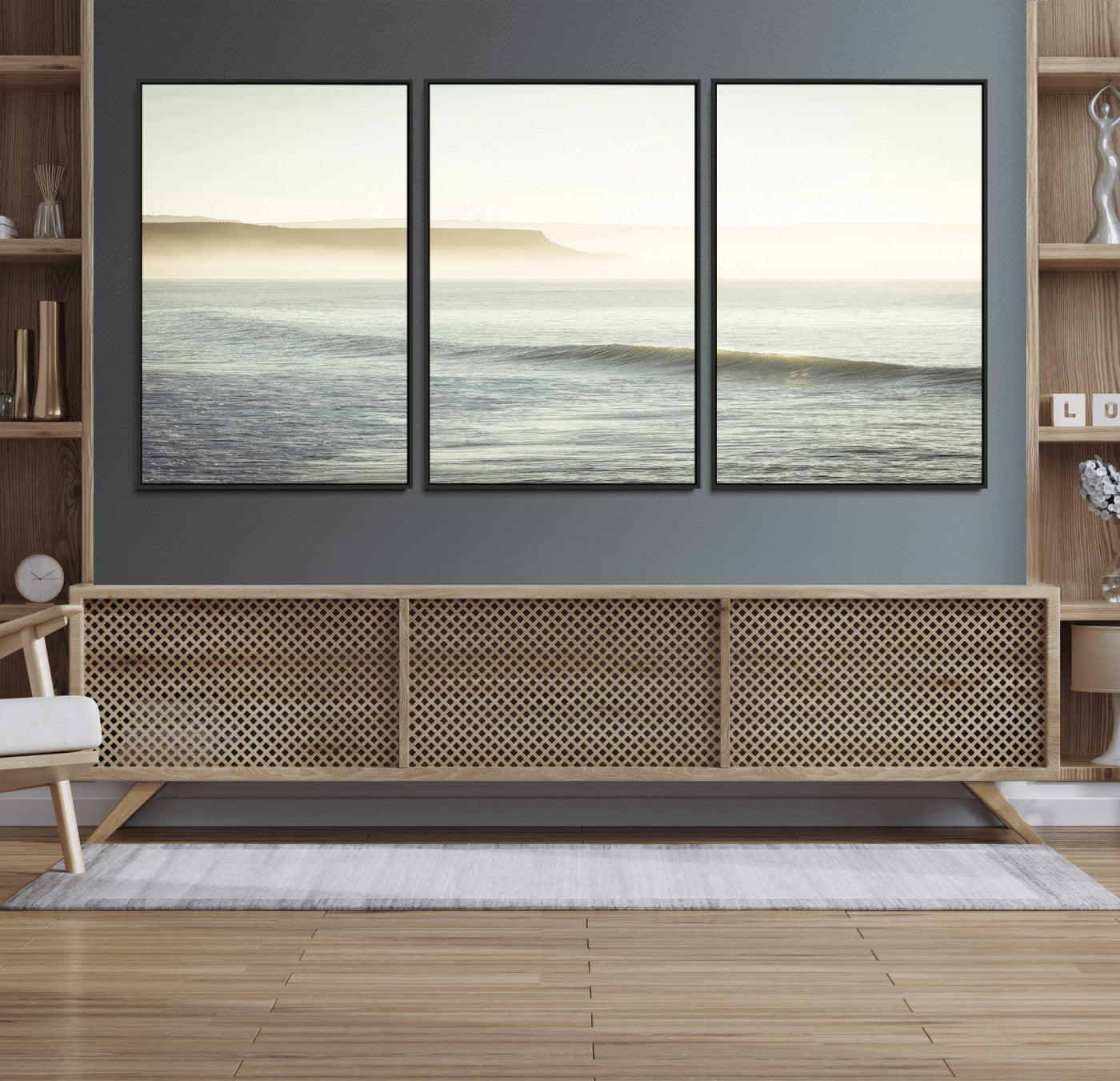 Canvas of a misty ocean scene with coastal cliffs and soft neutral tones, ideal for Scandinavian coastal or minimalist nature-inspired home decor.