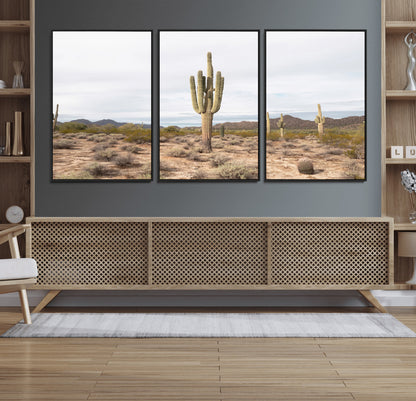 Canvas of a saguaro cactus in an earthy Sonoran desert landscape, ideal for Southwestern Boho or desert minimalism inspired home decor.   2/2