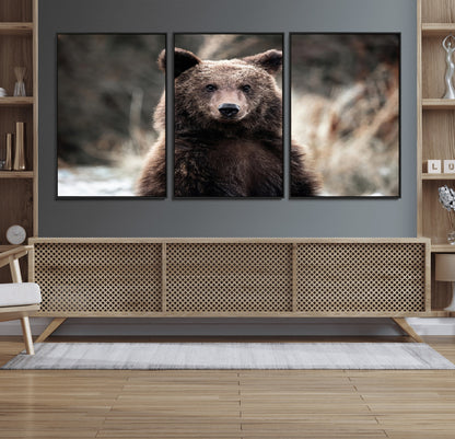 Canvas of a brown bear in soft earthy tones and moody forest light, ideal for rustic cabin or woodland nature-themed home decor.