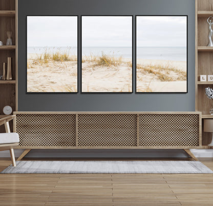 Canvas of soft beach dunes and coastal grasses in neutral tones, perfect for Scandinavian coastal or minimalist nature-inspired home decor.   2/2