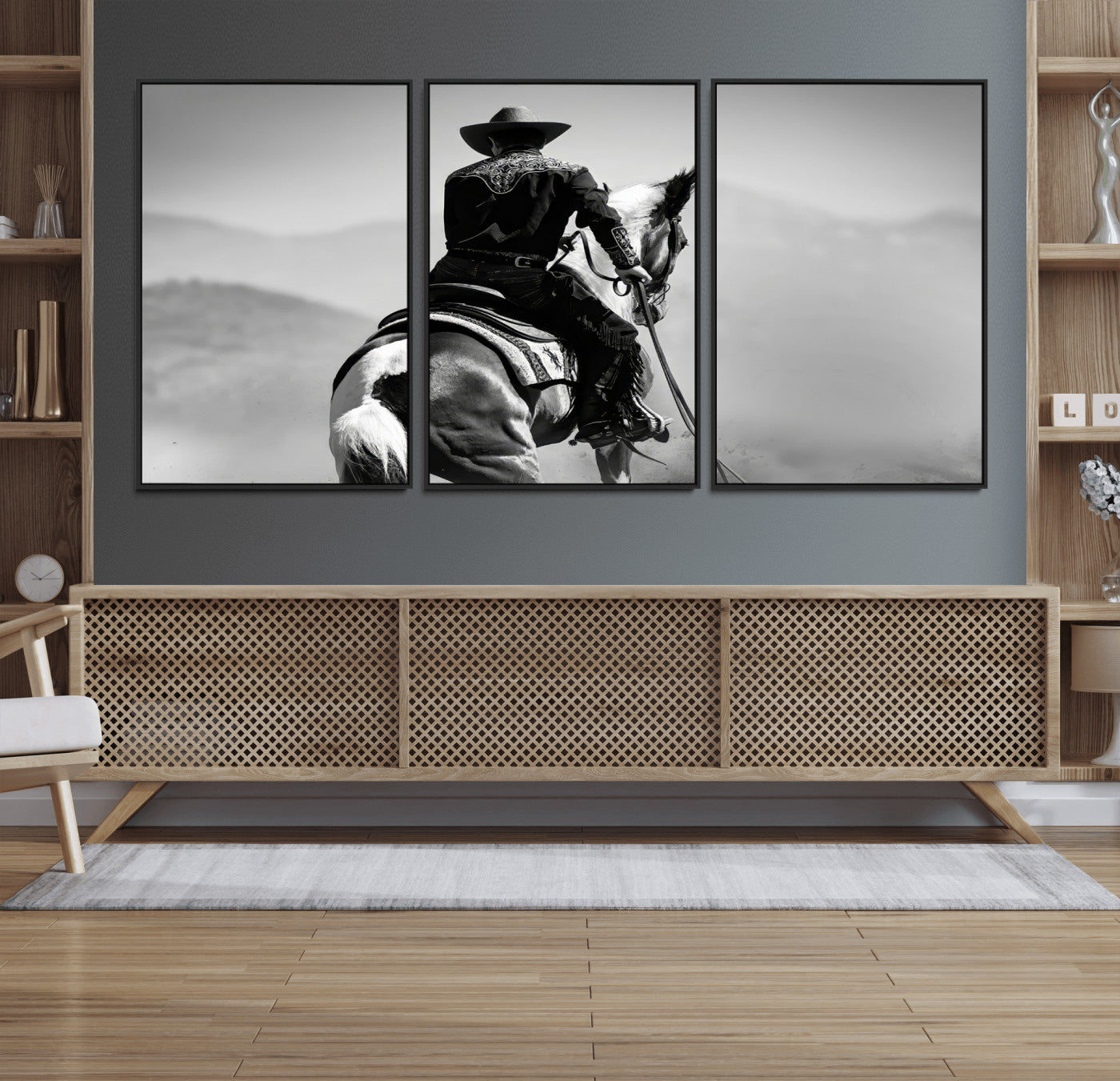 Black and white canvas of a cowboy on horseback with moody tones, perfect for rustic western or country-inspired home decor.