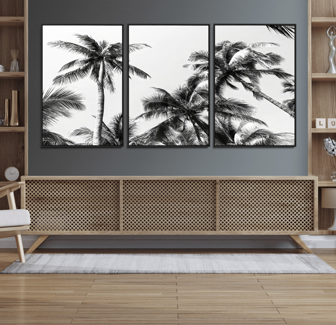 Black and white canvas of tall palm trees in moody tones, perfect for modern tropical minimalist or coastal-style home decor.