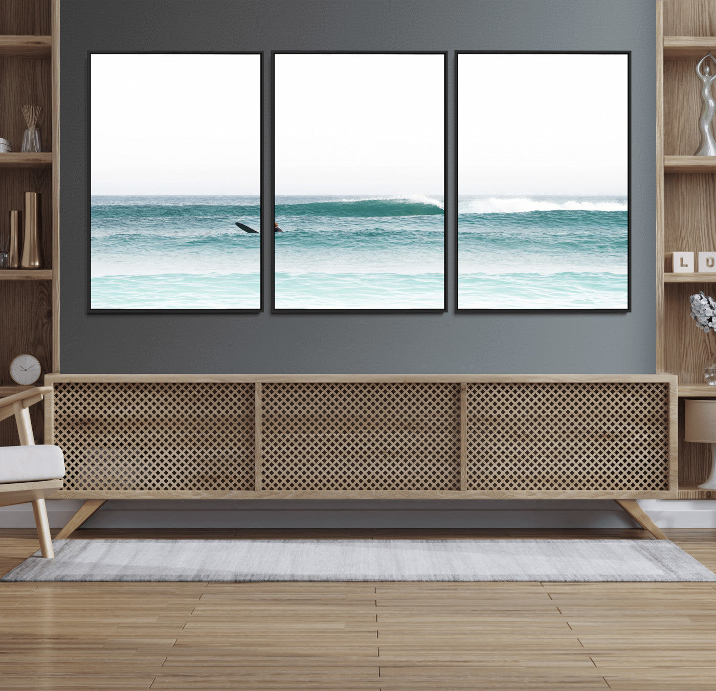 Minimalist photo of a lone surfer on calm aqua waves under bright sky, perfect for Scandinavian coastal or serene ocean-inspired home decor.