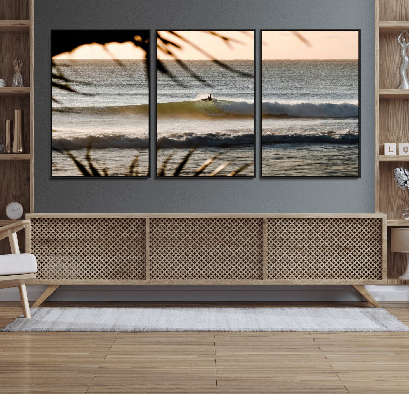 Photo of a surfer riding a golden hour wave at sunset, with tropical tones and dreamy light, perfect for tropical boho or coastal home decor.