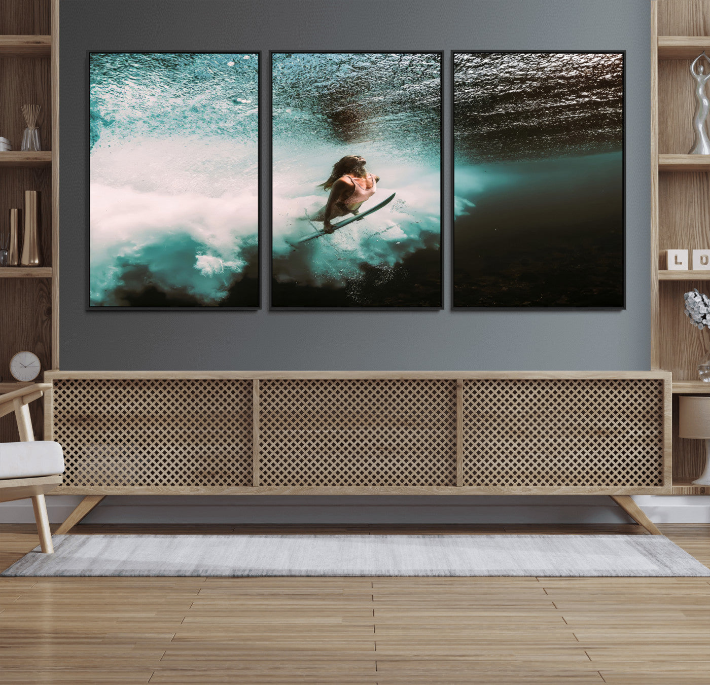 Vibrant underwater photo of a female surfer diving through turquoise waves, perfect for coastal boho or surf-inspired home decor.