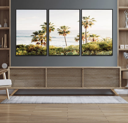 Framed print of sunlit palm trees on the California coast with warm tones, perfect for coastal minimalist or beach-style home decor.