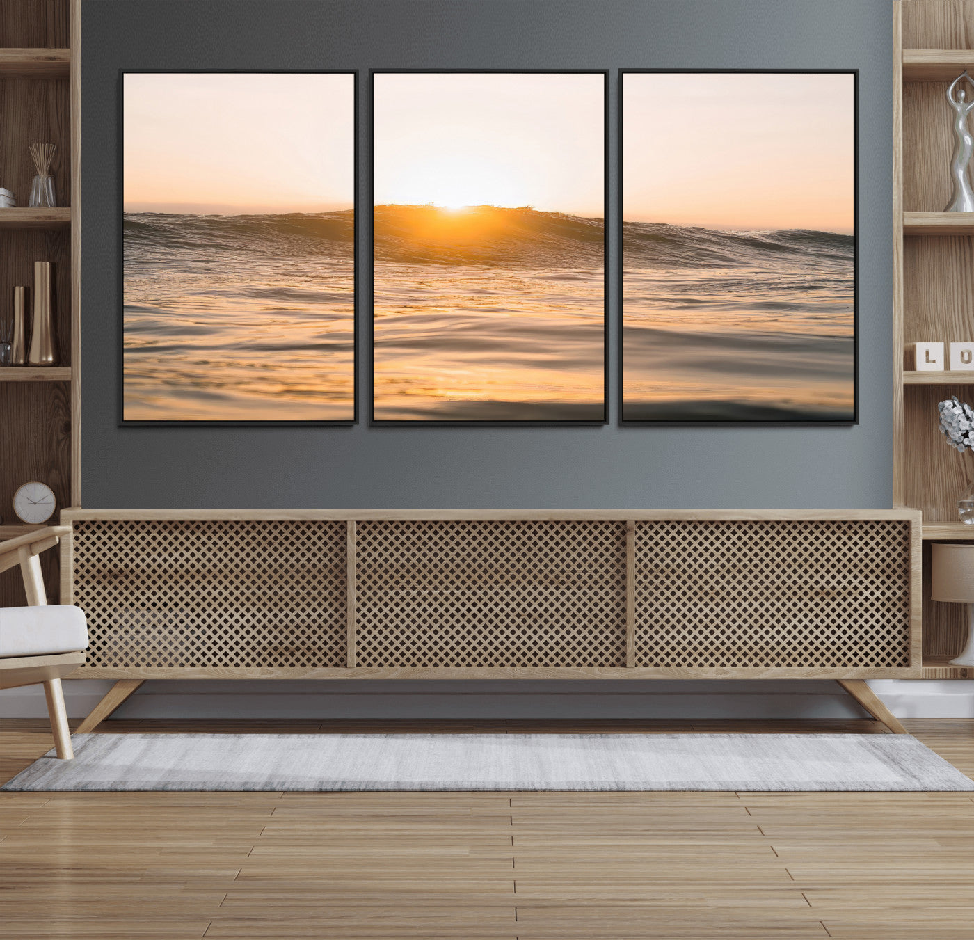 Ocean waves glowing under a warm golden sunset, reflecting soft light and calm movement, perfect for warm minimalist coastal interiors.