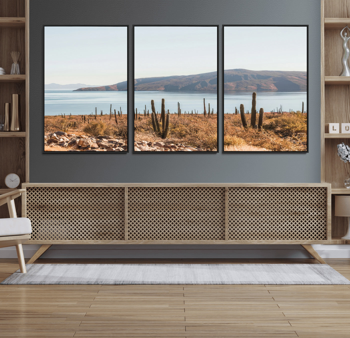Warm desert landscape with cacti and coastal mountains, perfect for southwestern or earthy calm-themed home wall decor.