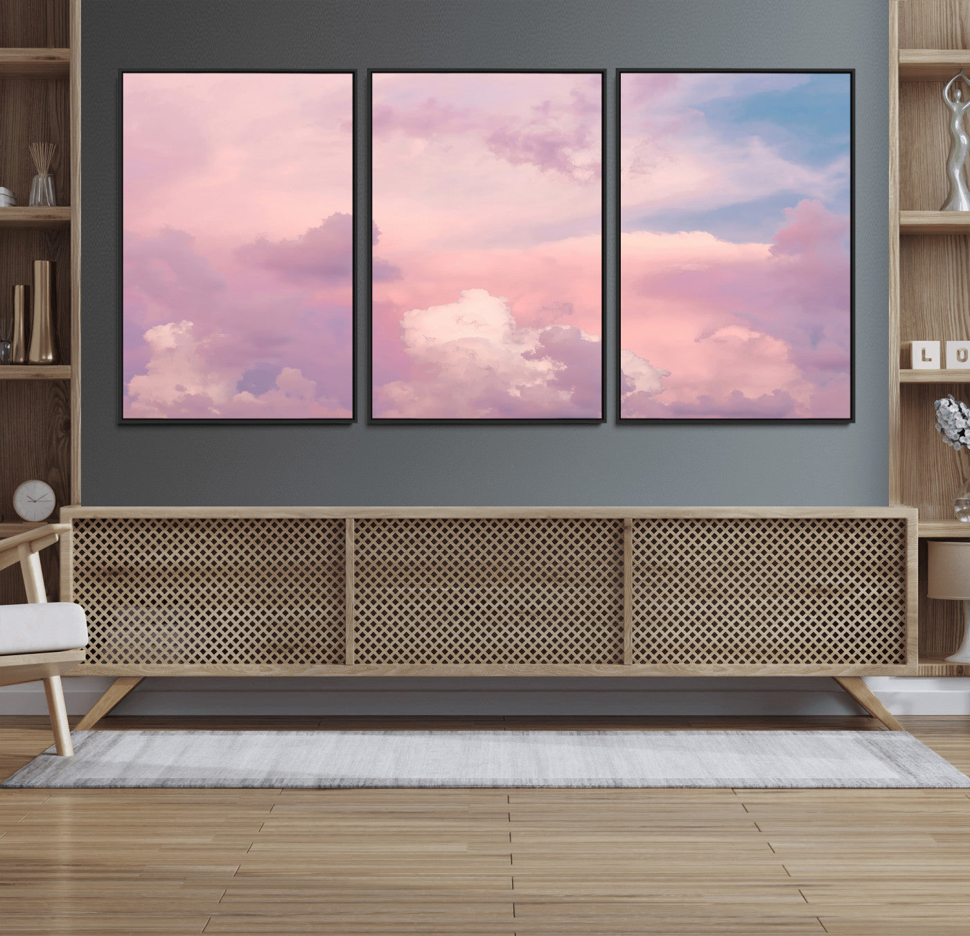 Soft pastel-colored clouds in shades of pink, purple, and blue, creating a dreamy and serene sky perfect for a calming decor touch.