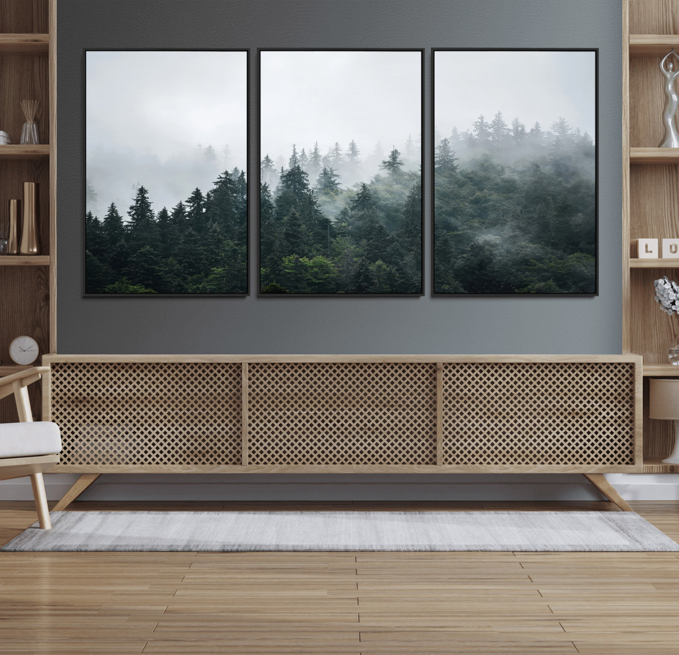 A misty evergreen forest shrouded in soft fog, creating a tranquil and moody landscape with lush green trees fading into the distance.