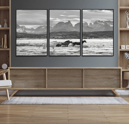 A black and white landscape of wild horses grazing in a vast grassland with towering mountains in the background, creating a moody and rustic western aesthetic.