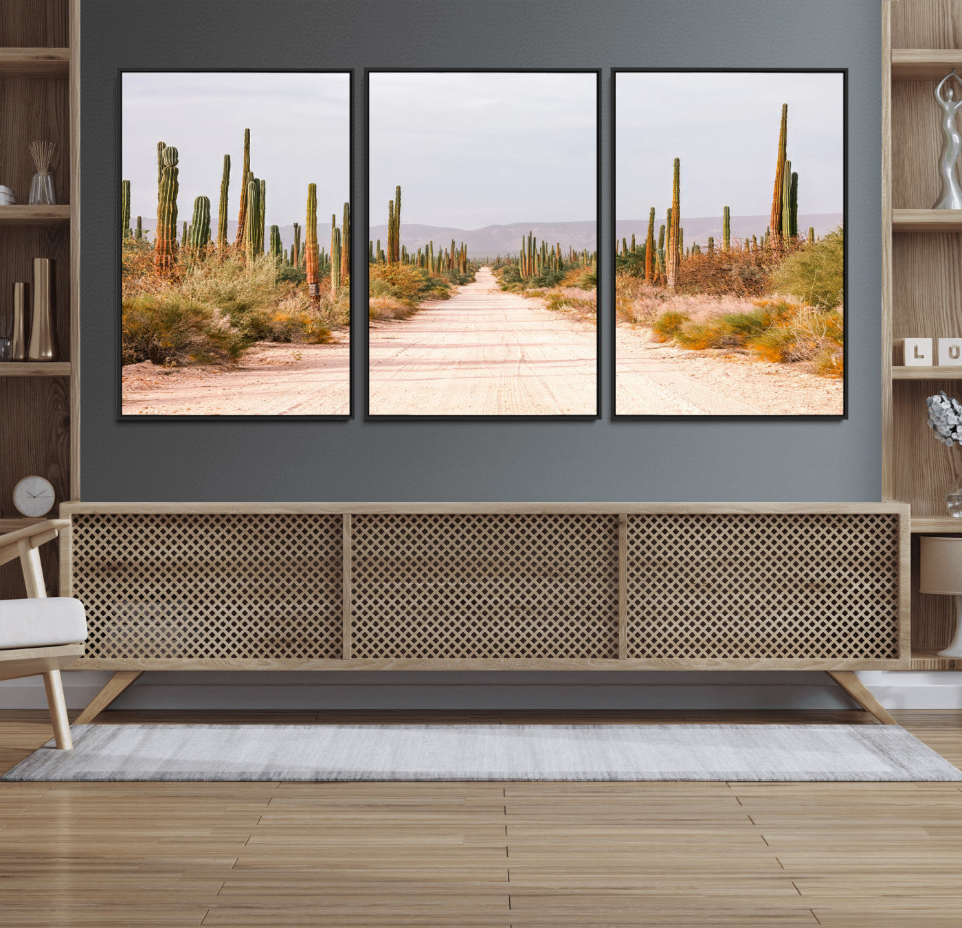 A desert road lined with saguaro cacti under a golden sky, creating a warm southwestern feel, perfect for boho or rustic decor.