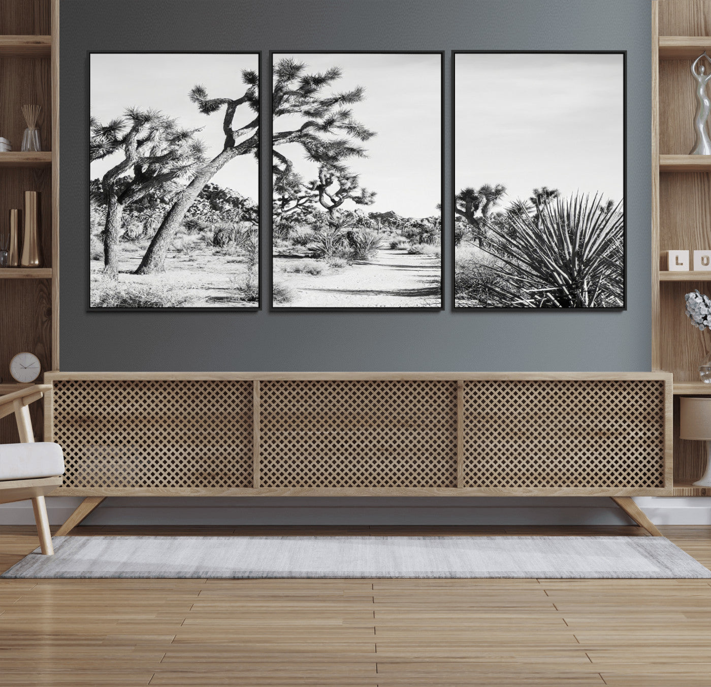 Canvas of a Joshua Tree forest in black and white tones, featuring a desert path and spiky vegetation, ideal for minimalist or rustic decor.
