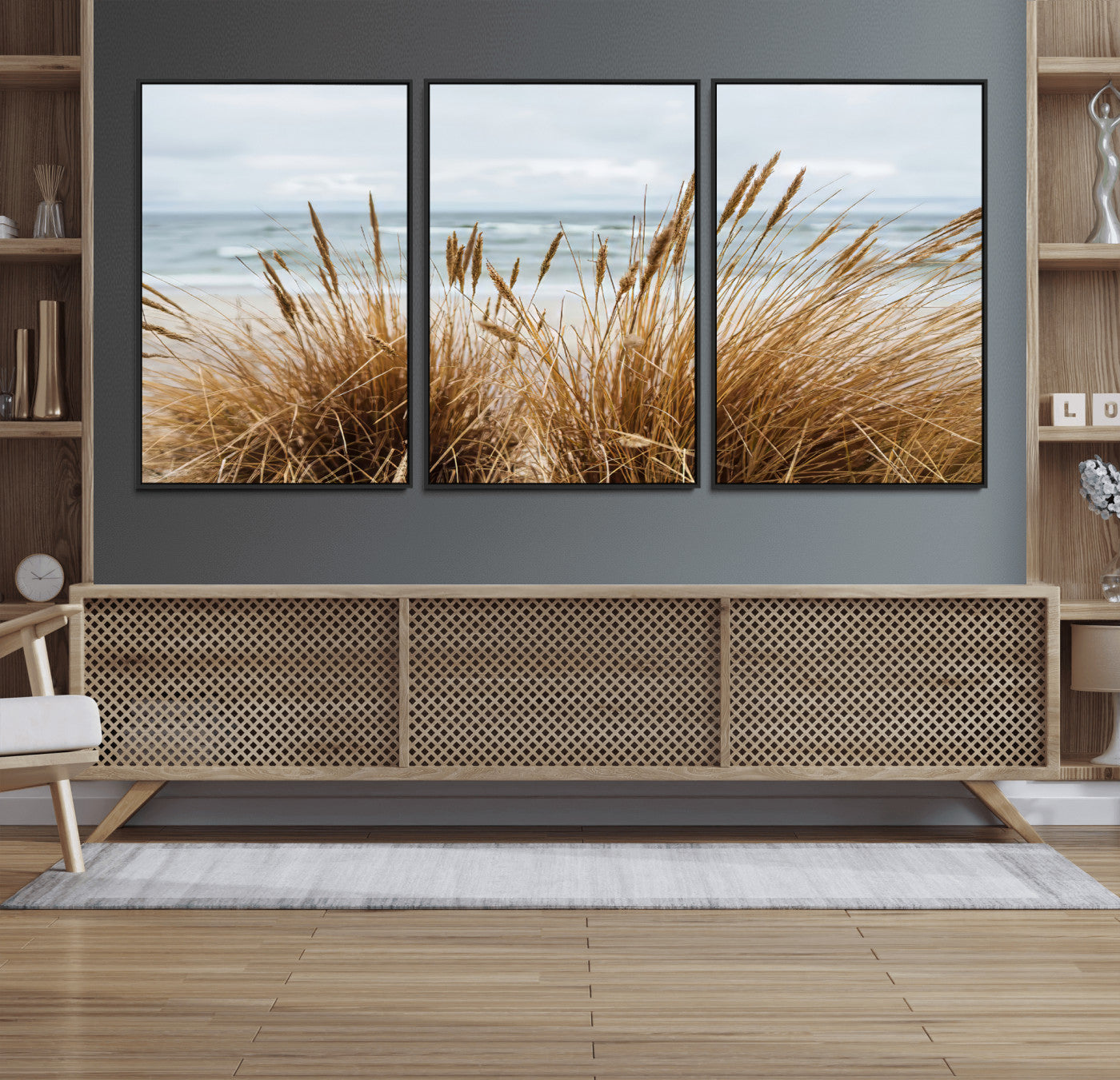 Canvas of golden beach grass swaying by the ocean under a soft cloudy sky, perfect for neutral-toned or coastal minimalist decor.