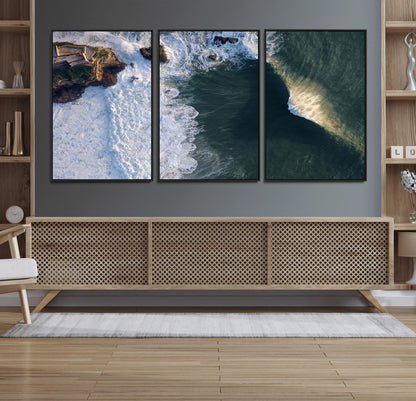 Canvas showing an aerial view of crashing waves along the Nazaré coastline, perfect for dramatic coastal or ocean-themed home decor.