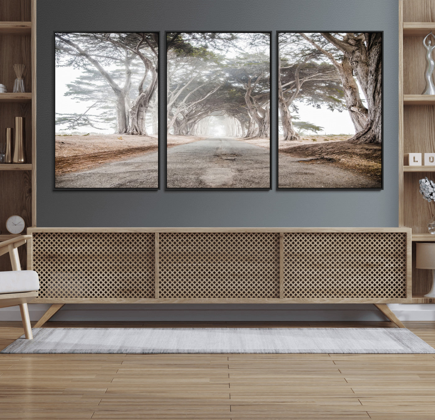 Canvas of a misty tree tunnel with arching cypress trees and an earthy road, ideal for rustic or coastal nature decor.