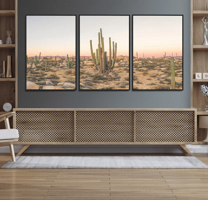 Canvas of tall desert cacti in warm sunset tones over a rocky Baja landscape, ideal for earthy or Southwestern-style home decor.