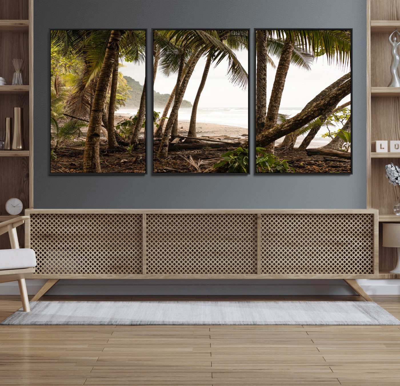 Dense tropical palm trees framing a sandy beach and ocean shore, ideal for jungle or coastal themed interior wall decor.
