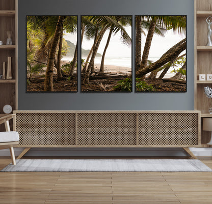 Dense tropical palm trees framing a sandy beach and ocean shore, ideal for jungle or coastal themed interior wall decor.