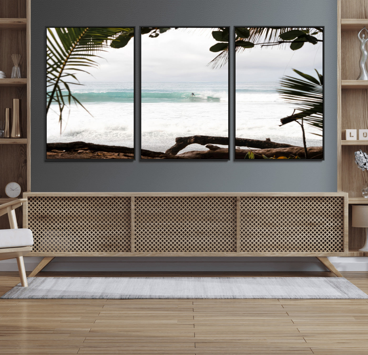 Tropical beach view with palm trees and surfer riding a wave, perfect for boho or coastal-inspired interior wall decor.