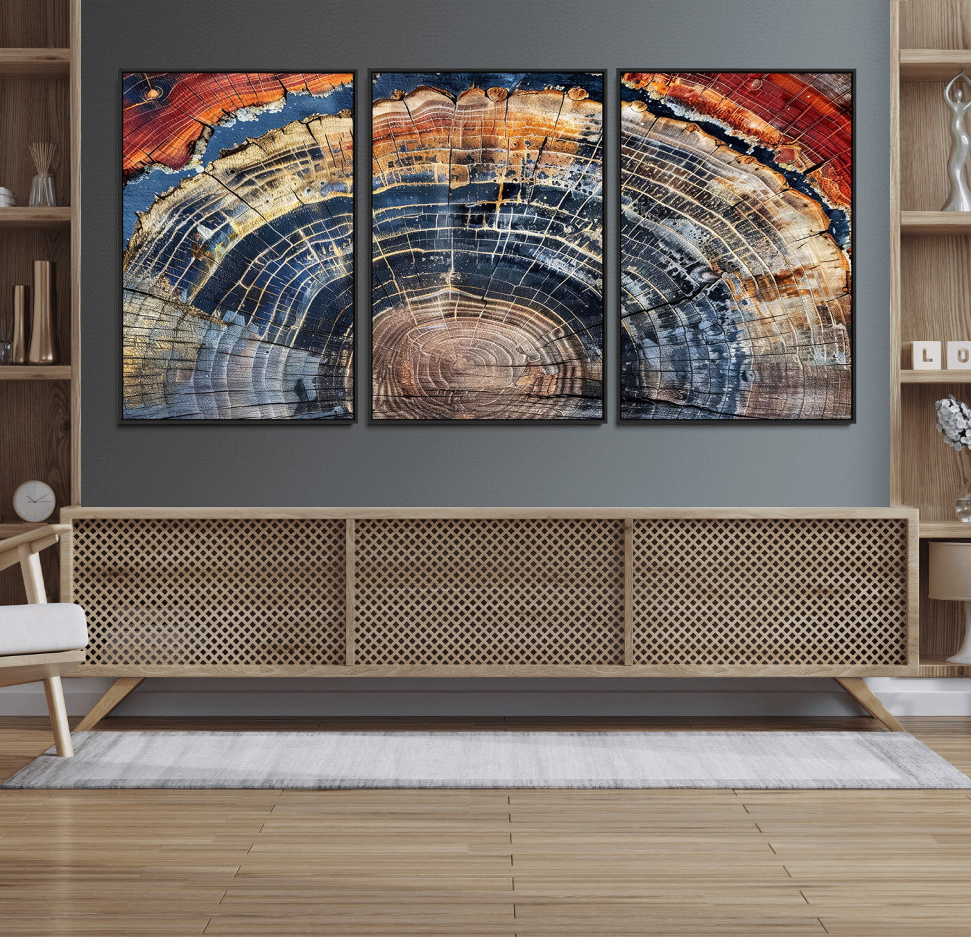 Vibrant tree ring with orange, brown, and blue tones in abstract detail, perfect for rustic or boho-inspired wall decor.