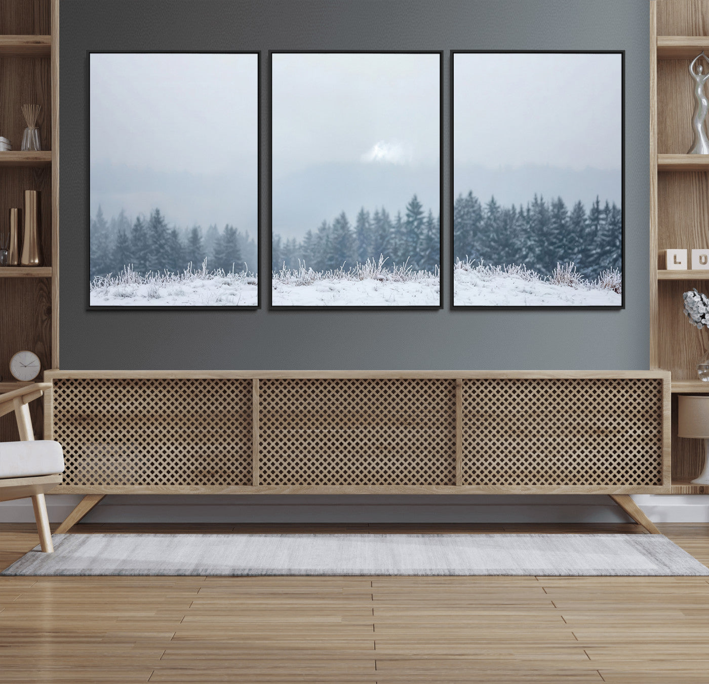 Snow-covered forest under misty sky, soft light breaking through clouds, ideal for minimalist or Nordic-inspired home decor.