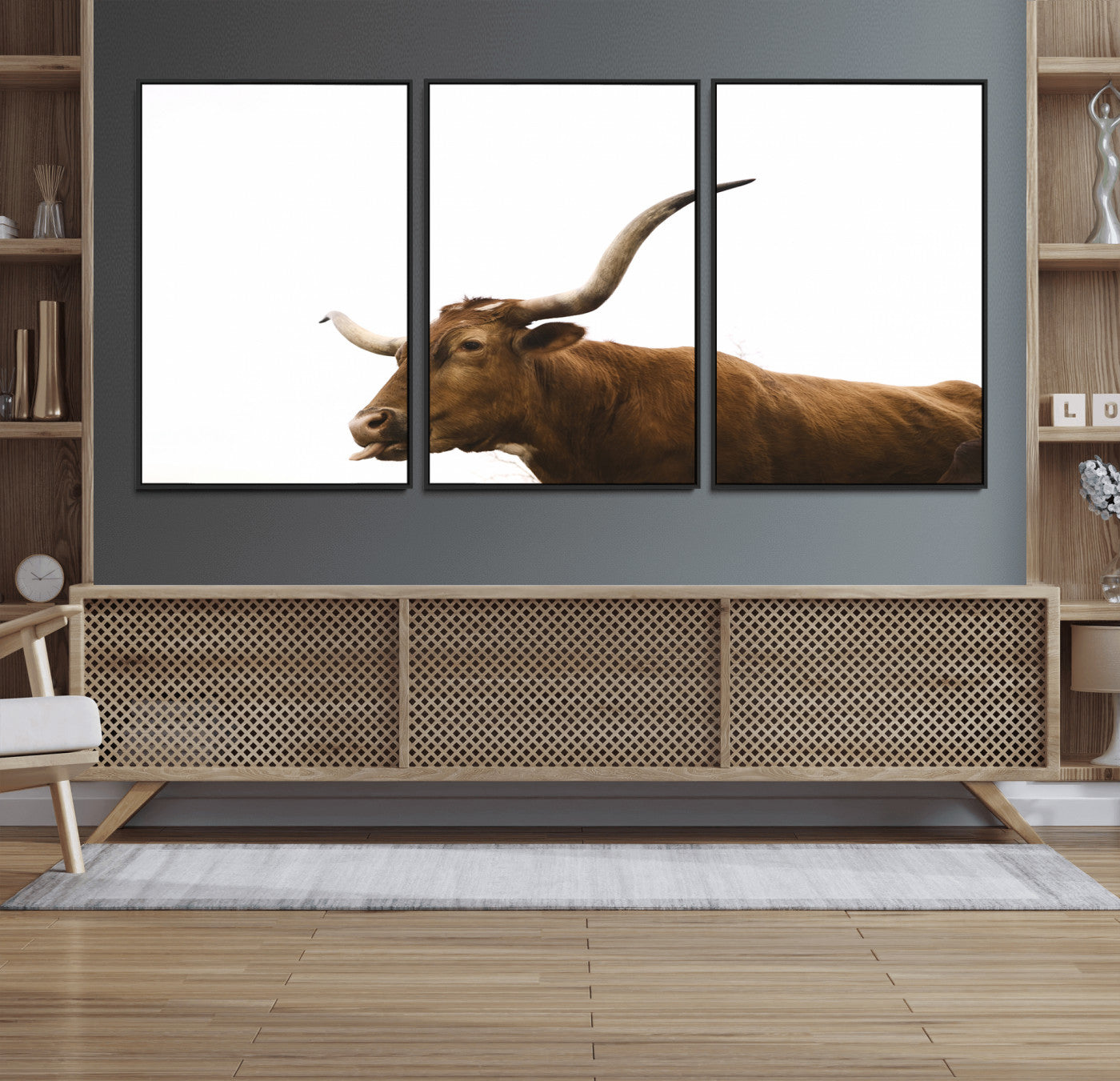 Minimal photo of a longhorn cow with white background, ideal for rustic, western or farmhouse-style interior decor.
