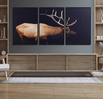 Side view of a majestic elk with large antlers against dark background, perfect for rustic lodge or cabin style home decoration.