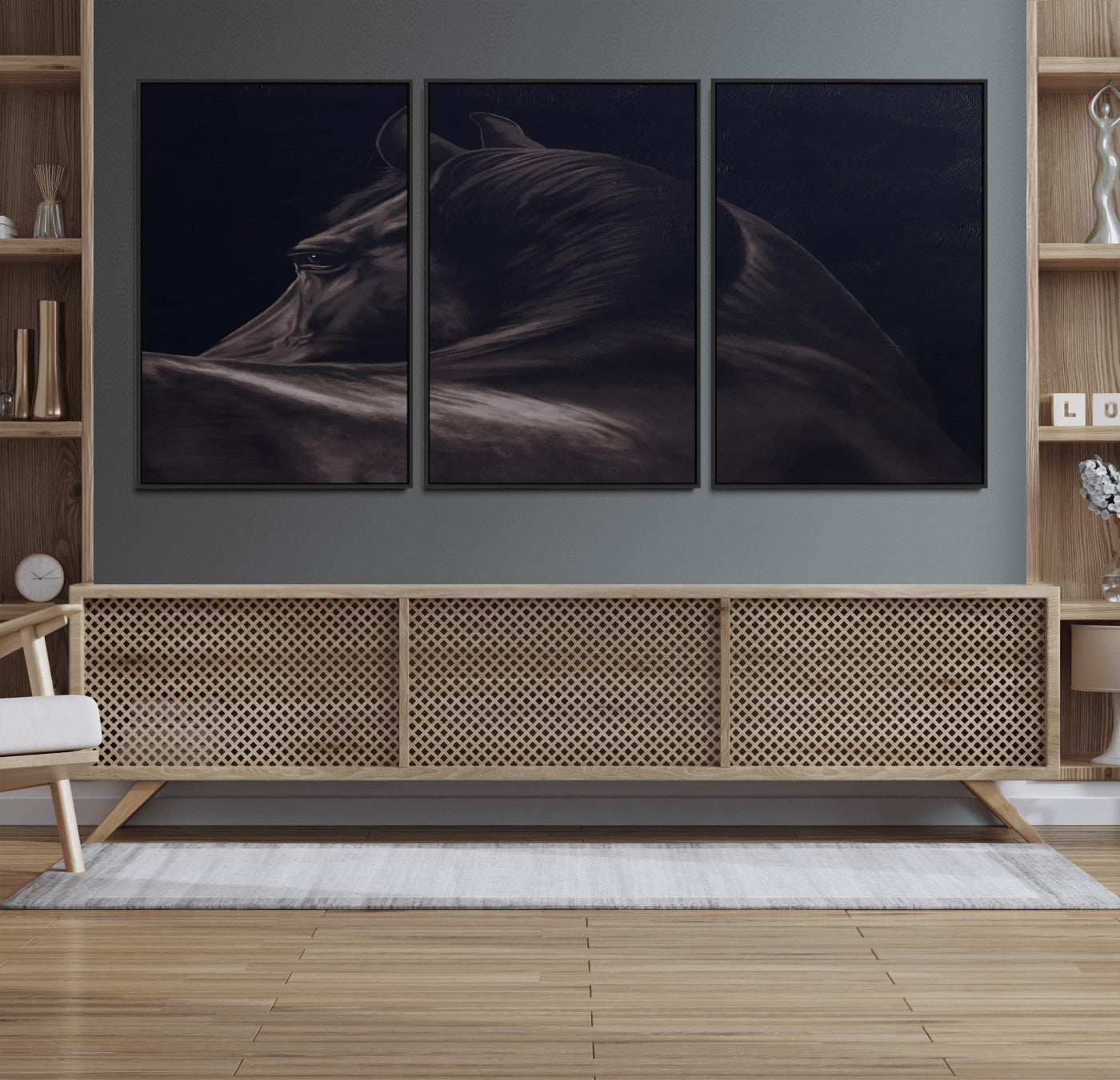 Close-up of a black horse with dramatic lighting on a dark background, perfect for rustic or masculine home decor.
