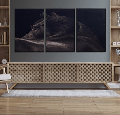 Close-up of a black horse with dramatic lighting on a dark background, perfect for rustic or masculine home decor.