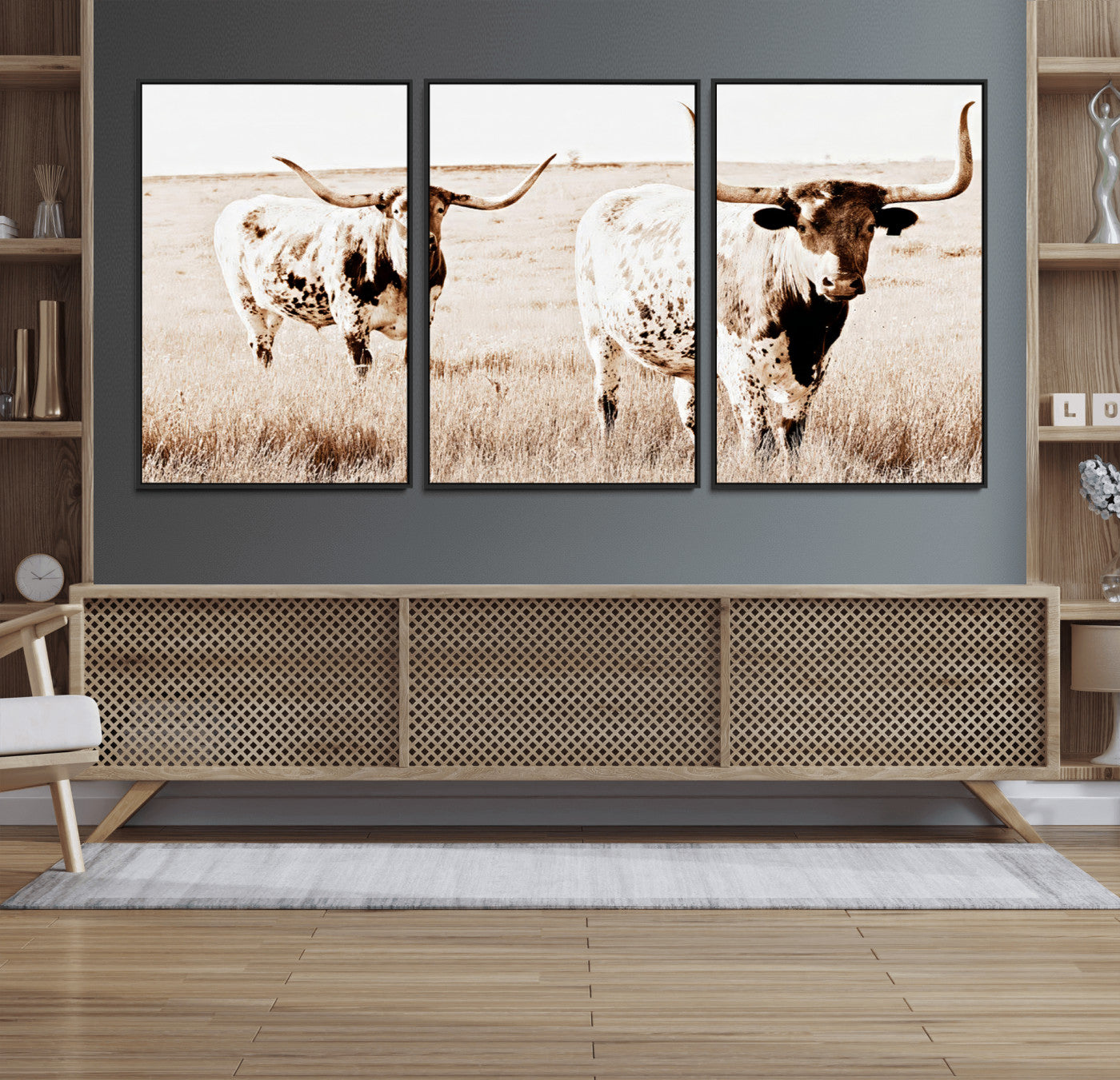 Two Texas longhorn cows standing in a sepia-toned pasture, evoking rustic charm perfect for farmhouse or western country interiors. (