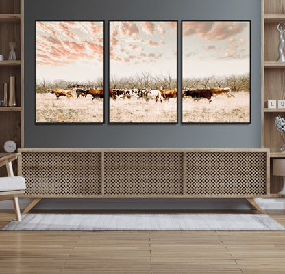 Cattle herd in a soft-toned field under a pastel pink sky, creating a peaceful rustic feel, perfect for farmhouse or western-themed spaces.