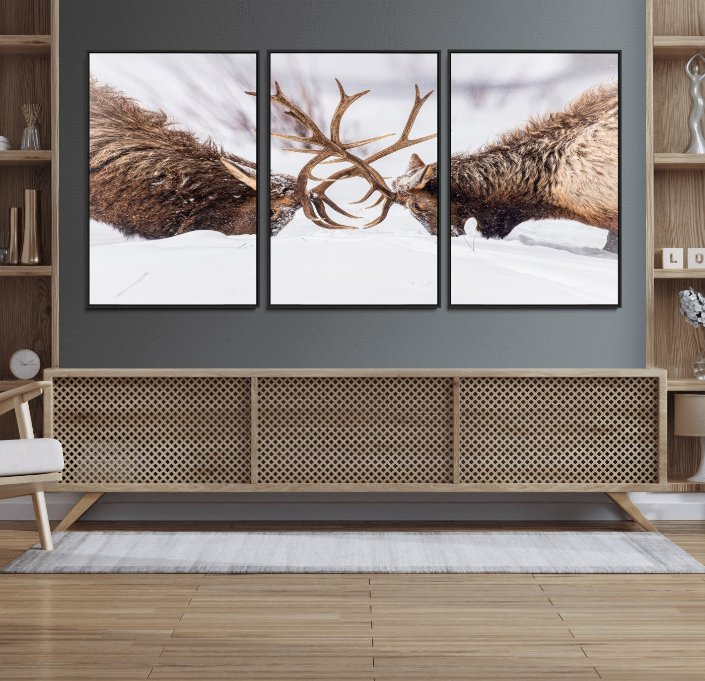 Two elk clashing antlers in a snowy forest, capturing raw power and wild energy, ideal for rustic cabin or lodge-style decor.