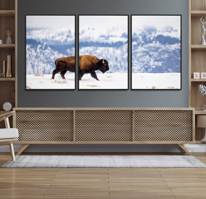 A lone bison walks across snowy ground with blue-toned mountain range behind, ideal for rustic or western farmhouse interiors.