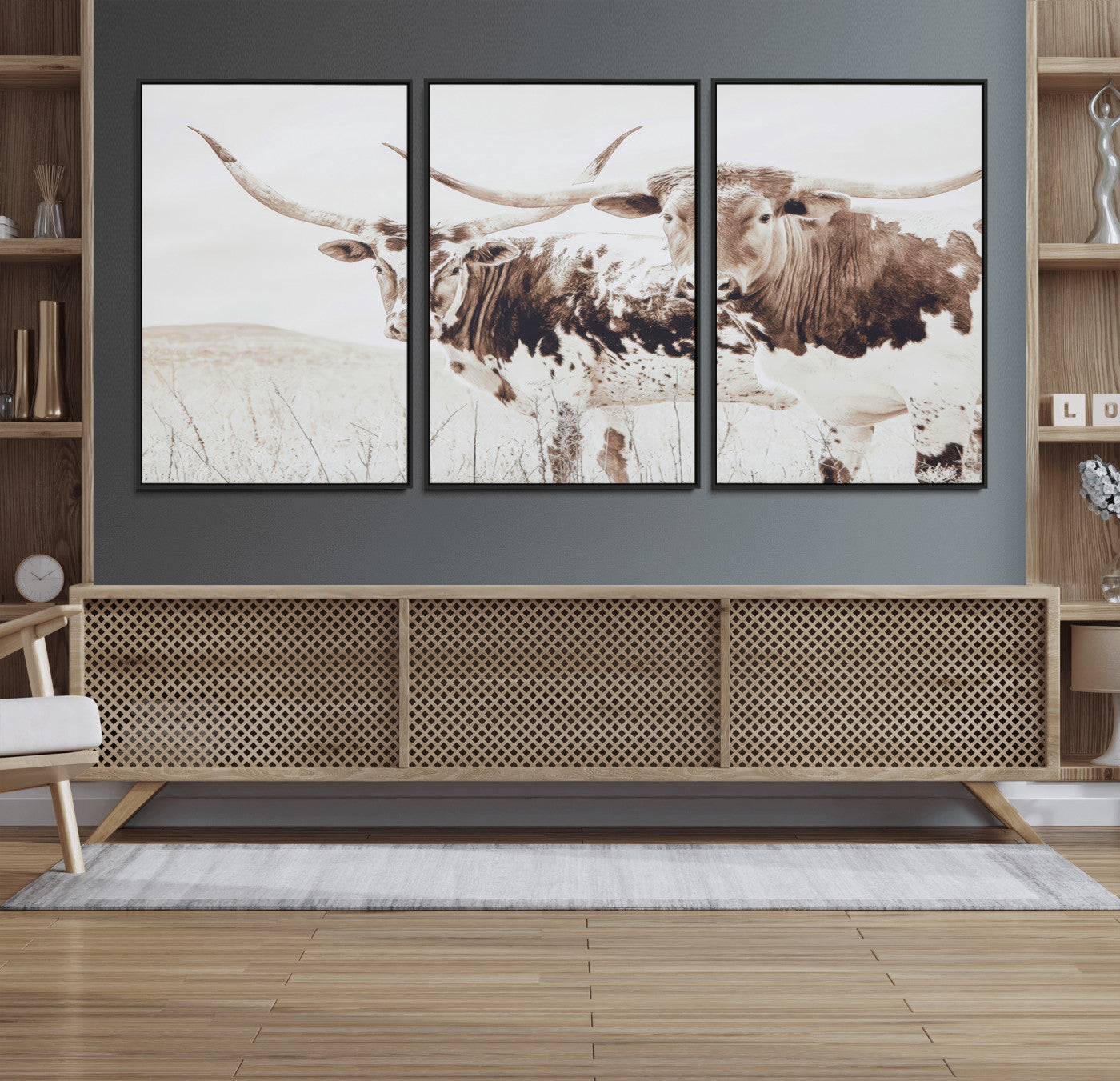 Two longhorn cows standing in a sepia-toned pasture with soft light, ideal for rustic or farmhouse-themed neutral wall decor.