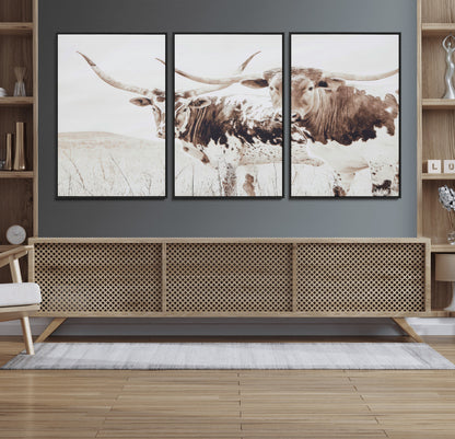 Two longhorn cows standing in a sepia-toned pasture with soft light, ideal for rustic or farmhouse-themed neutral wall decor.