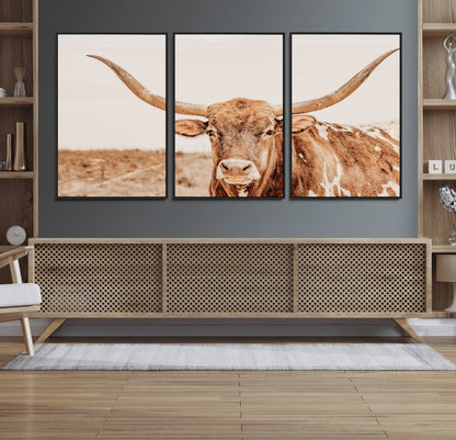 A longhorn bull standing proudly in a sunlit desert field with warm neutral tones, ideal for rustic western or farmhouse interiors.