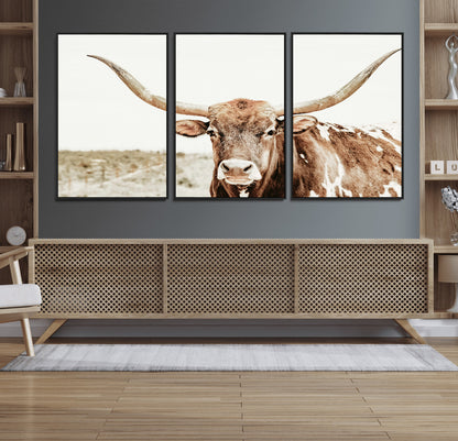 A Texas longhorn bull with wide horns, standing in a dry field under soft light, ideal for rustic farmhouse or western-themed interiors.